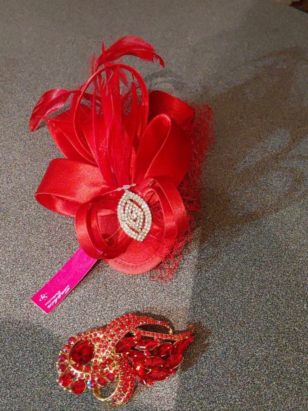Red Feather & Satin Fascinator Hat with Crystal Brooch